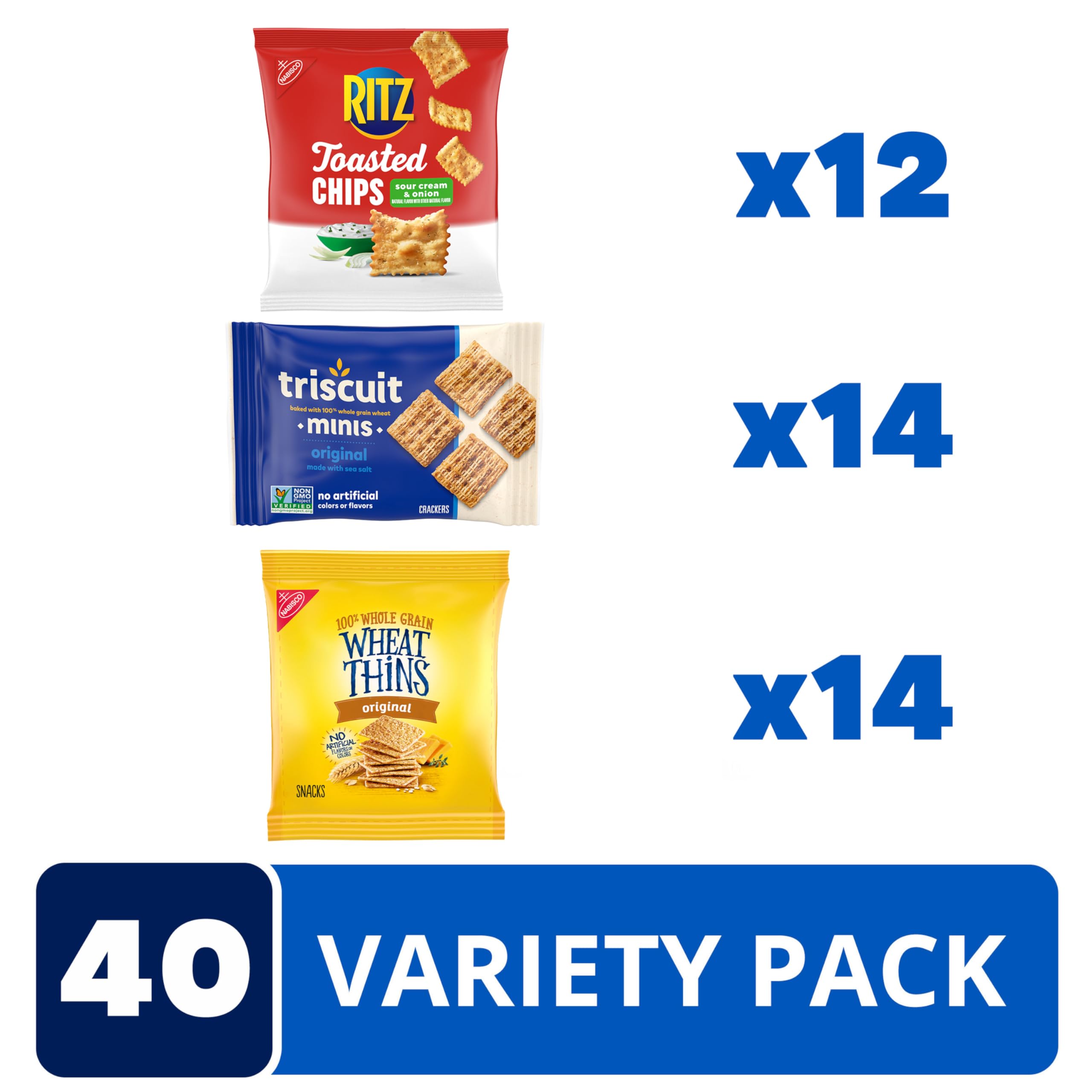 Nabisco Cracker Variety Pack, RITZ Toasted Chips, Wheat Thins Snacks Whole Grain Wheat Crackers and Triscuit Minis Whole Grain Wheat Vegan Crackers, 40 Snack Packs - Image 3