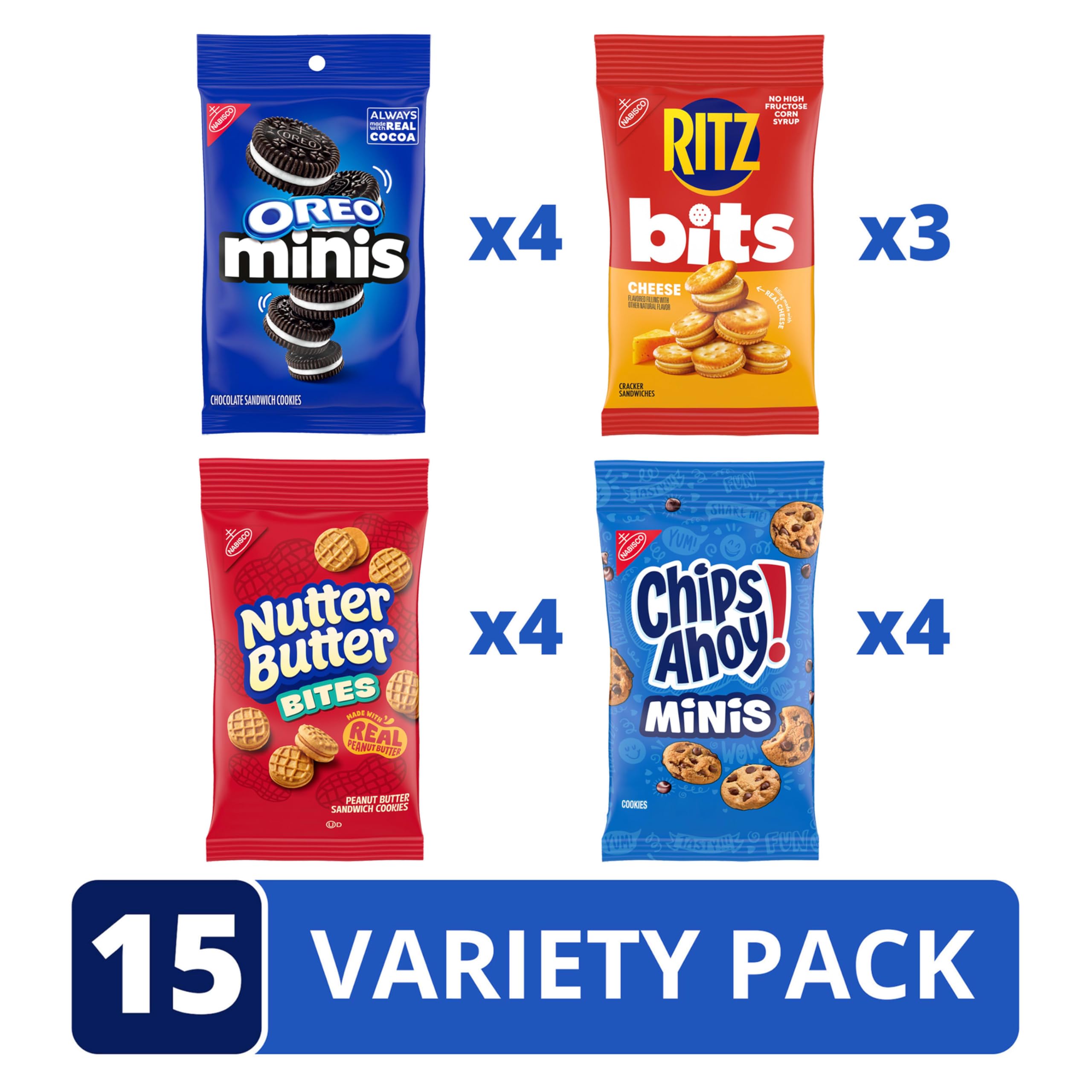OREO Minis Cookies, CHIPS AHOY! Minis Cookies, Nutter Butter Bites & RITZ Bits Cheese Crackers Variety Pack, 15 Snack Packs - Image 3