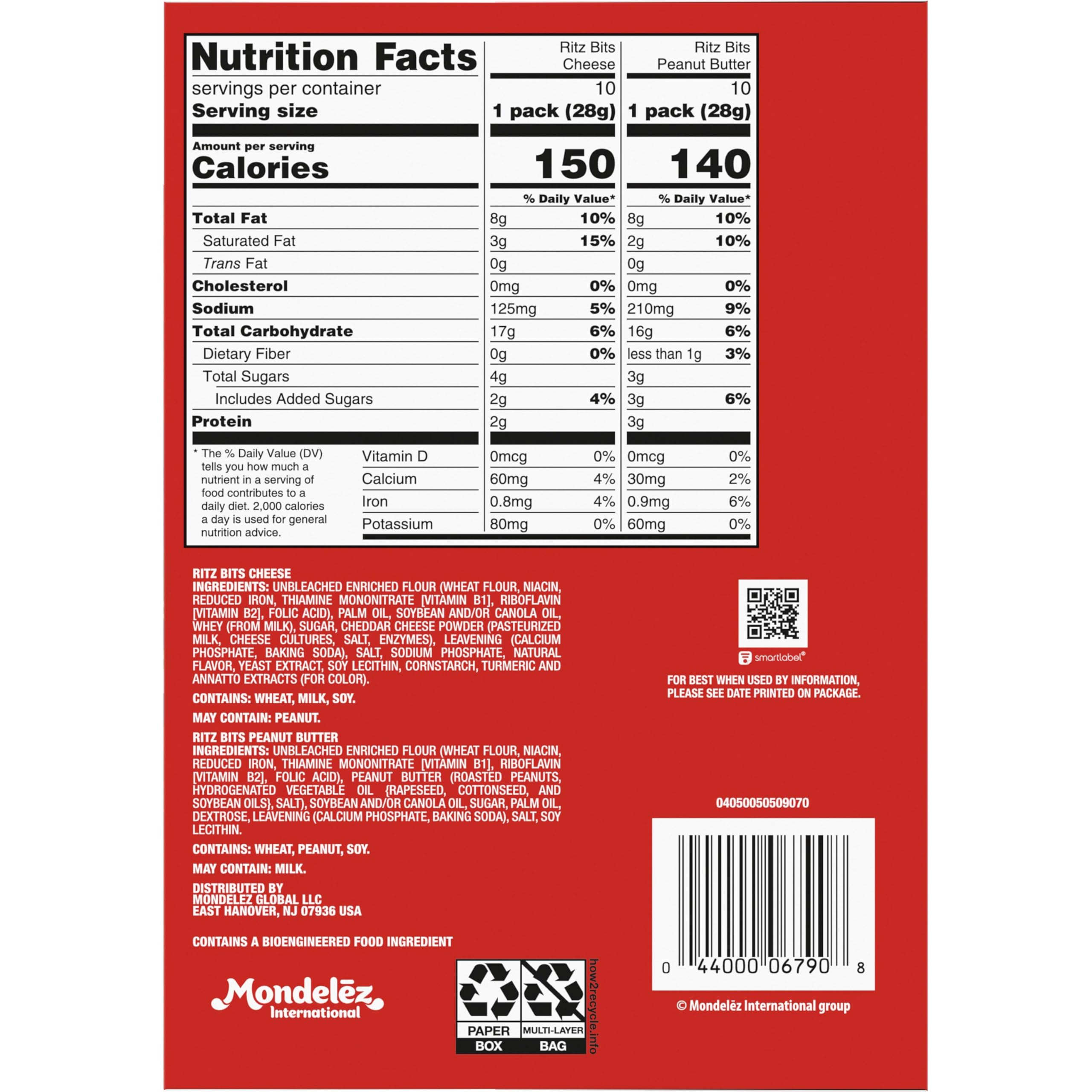 RITZ Bits Cheese and RITZ Bits Peanut Butter Sandwich Crackers Variety Pack, Lunch Snacks, 20 Snack Packs - Image 3