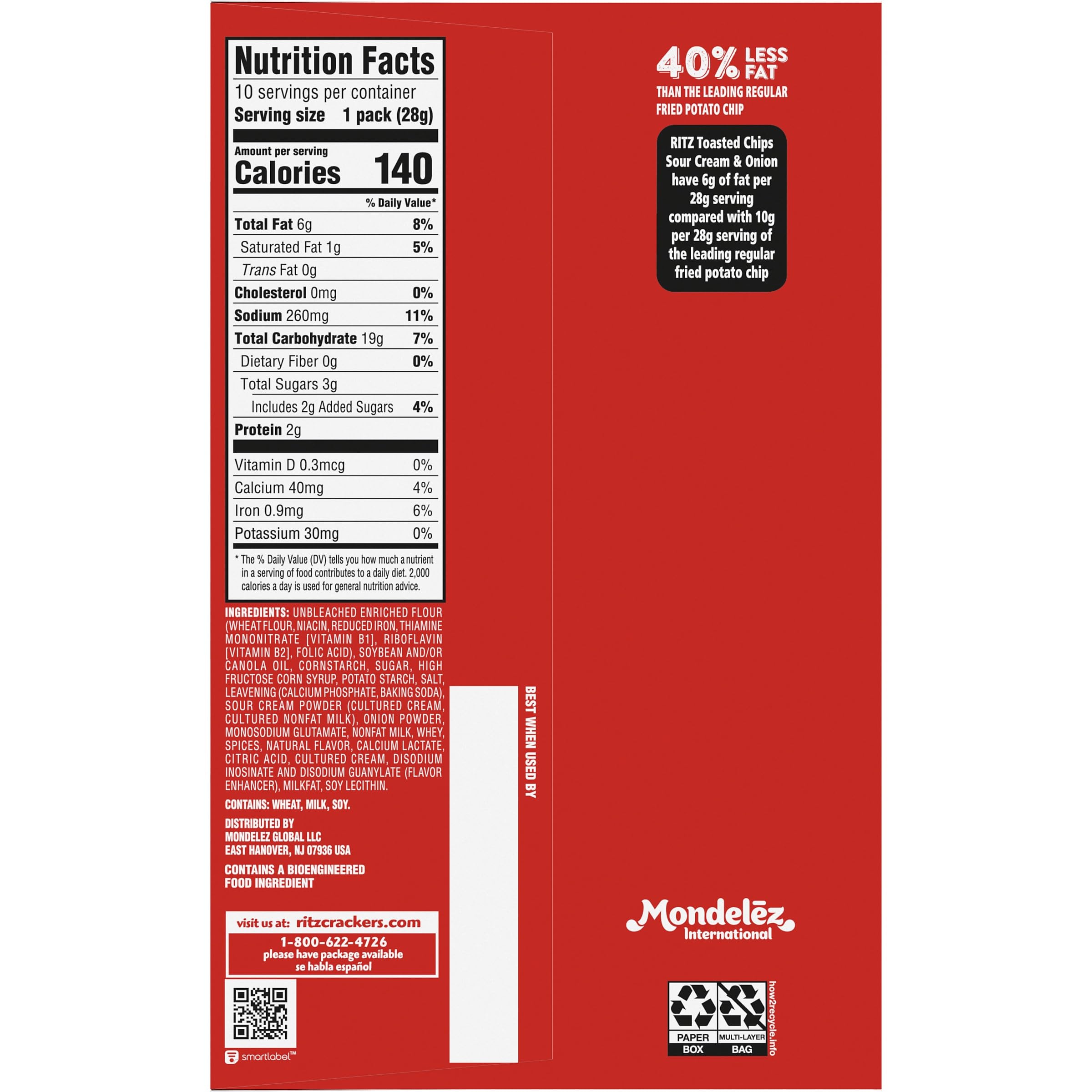 RITZ Toasted Chips Sour Cream and Onion Crackers, Lunch Snacks, 10-1.0 oz Snack Packs - Image 3